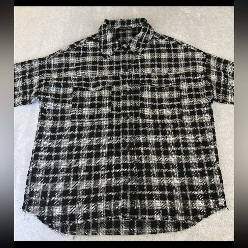 Black Tape Plaid Snap Button Black White Raw Hem long sleeve shacket size X